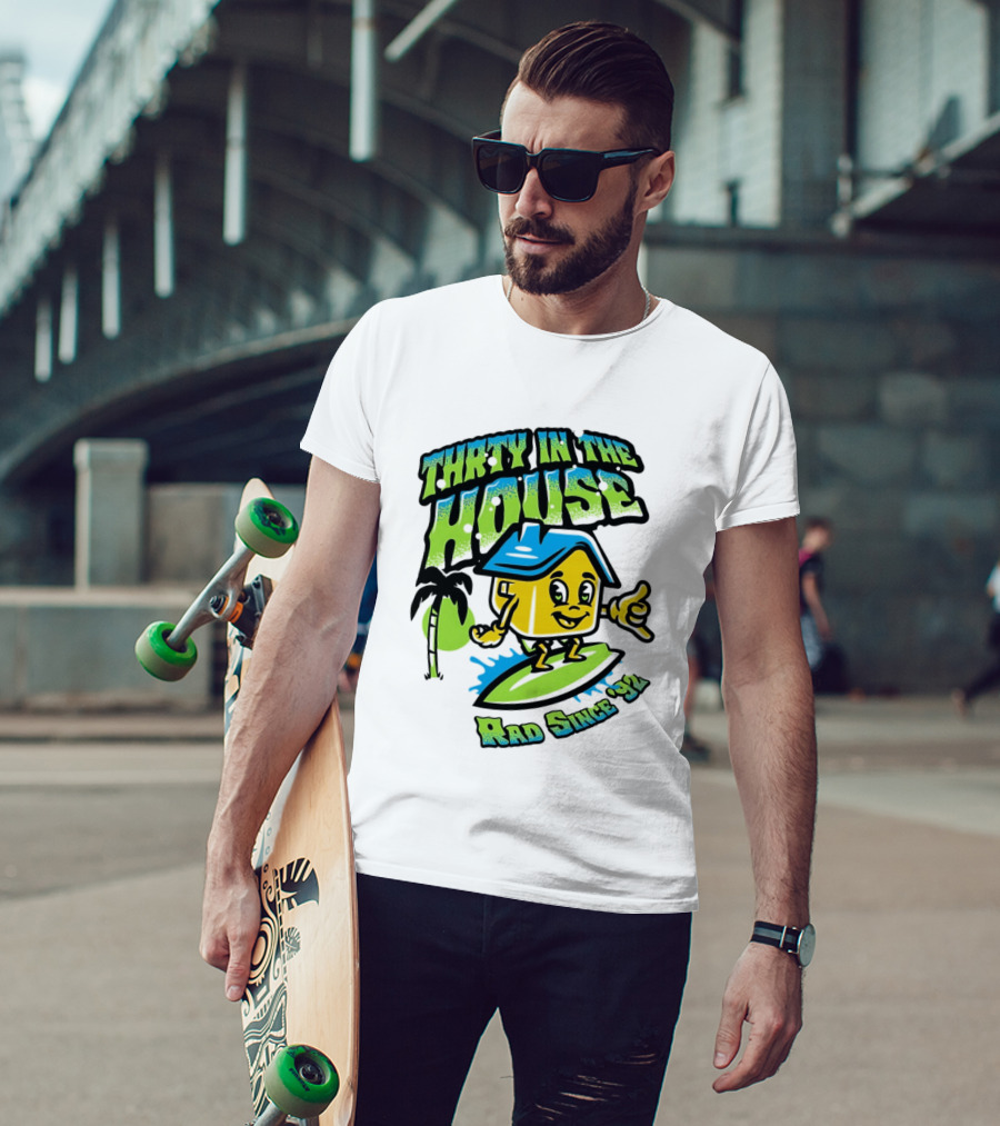 Thrty In The House Rad Since 92 Surfer Cartoon Palm Tree Vibes T-Shirt