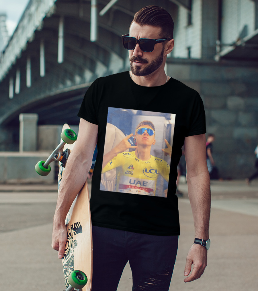 Tadej Pogačar In UAE Emirates Tour De France LCL Yellow Jersey With Sunglasses T-Shirt