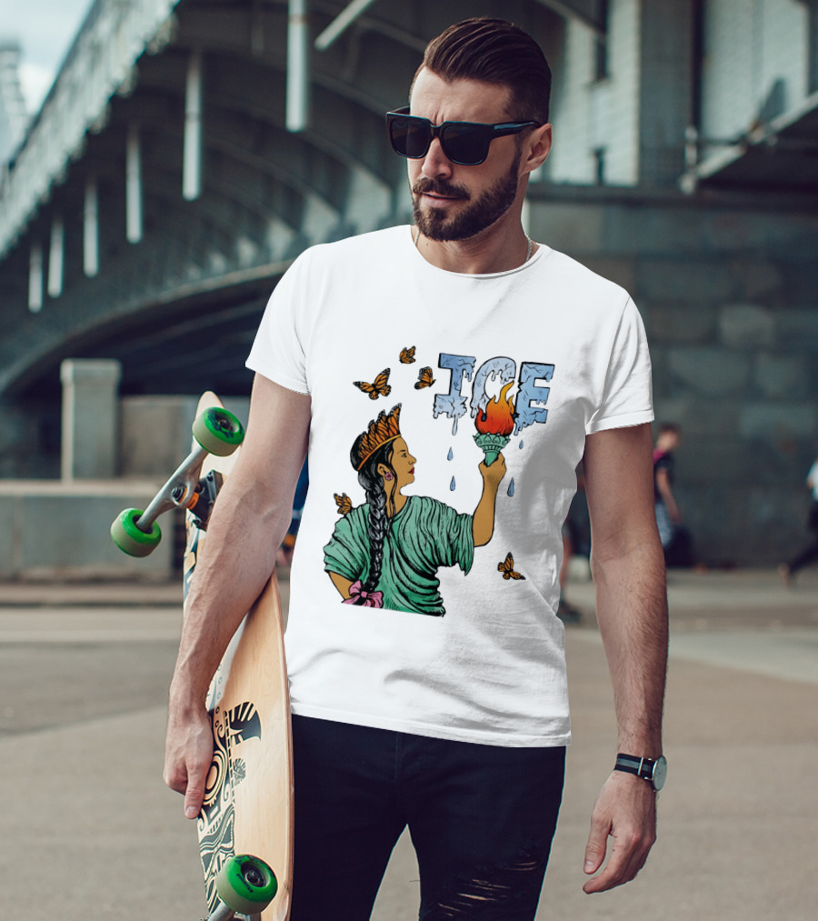 Liberty ICE Melt Activism With Monarch Butterflies And Torch Symbolism T-Shirt
