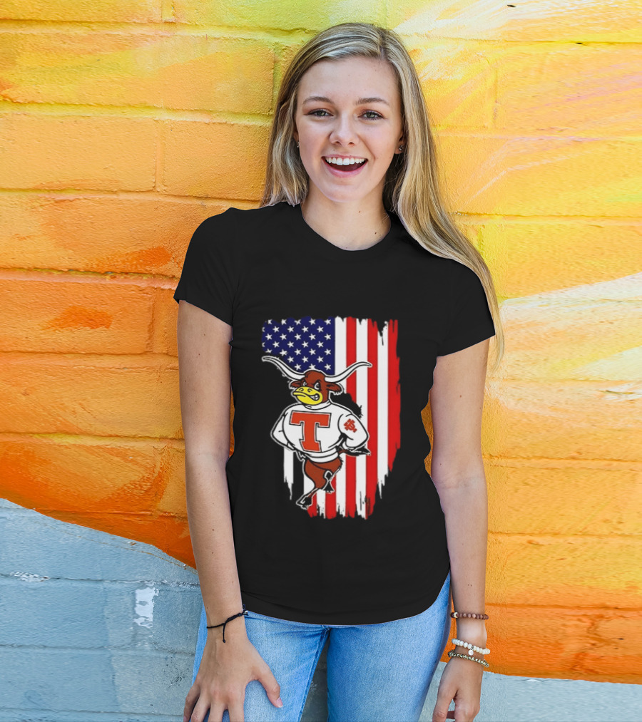 Texas Longhorns Mascot Over USA Flag T-Shirt