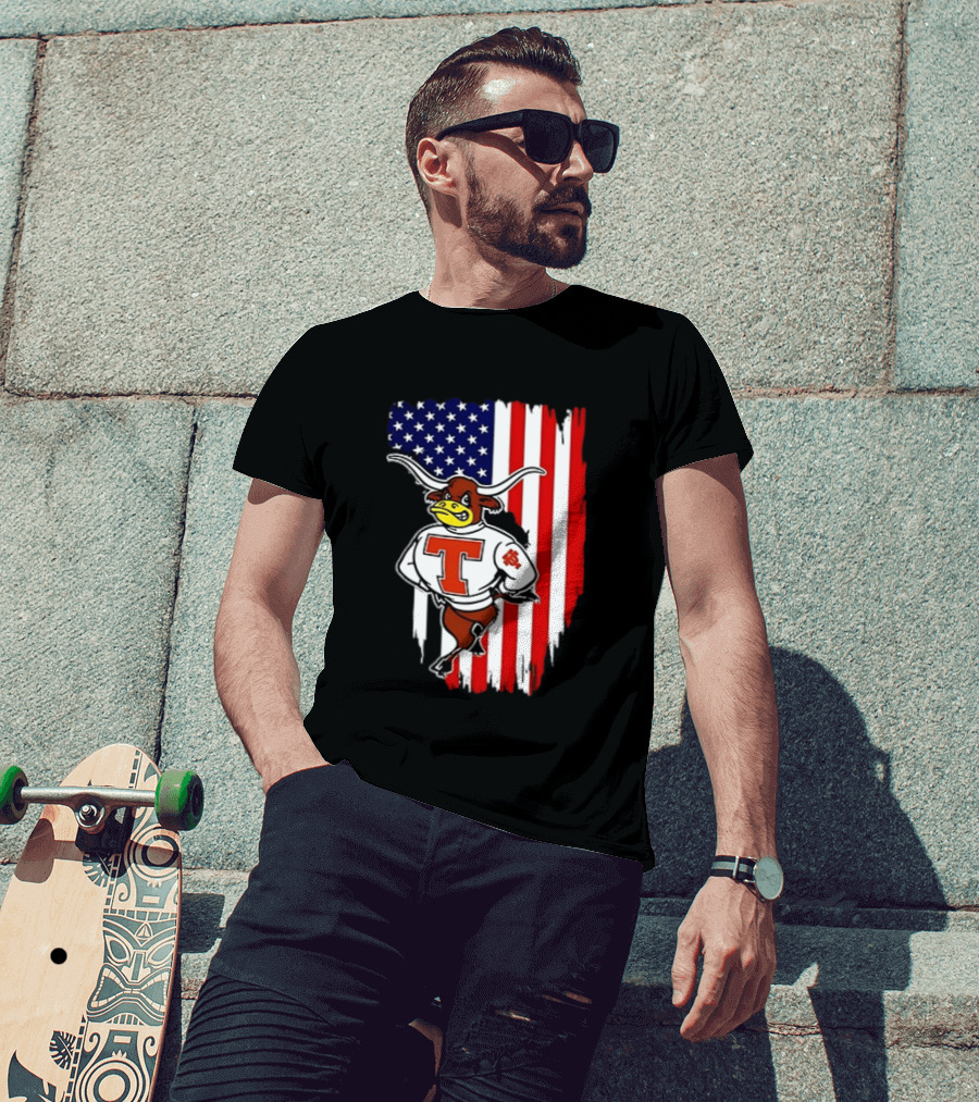 Texas Longhorns Mascot Over USA Flag T-Shirt