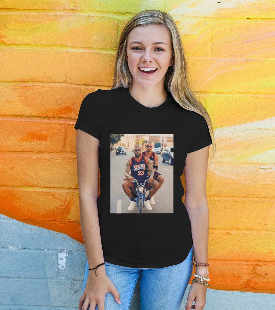 Philadelphia 76ers LeBron James Allen Iverson Duo On Bicycle T-Shirt