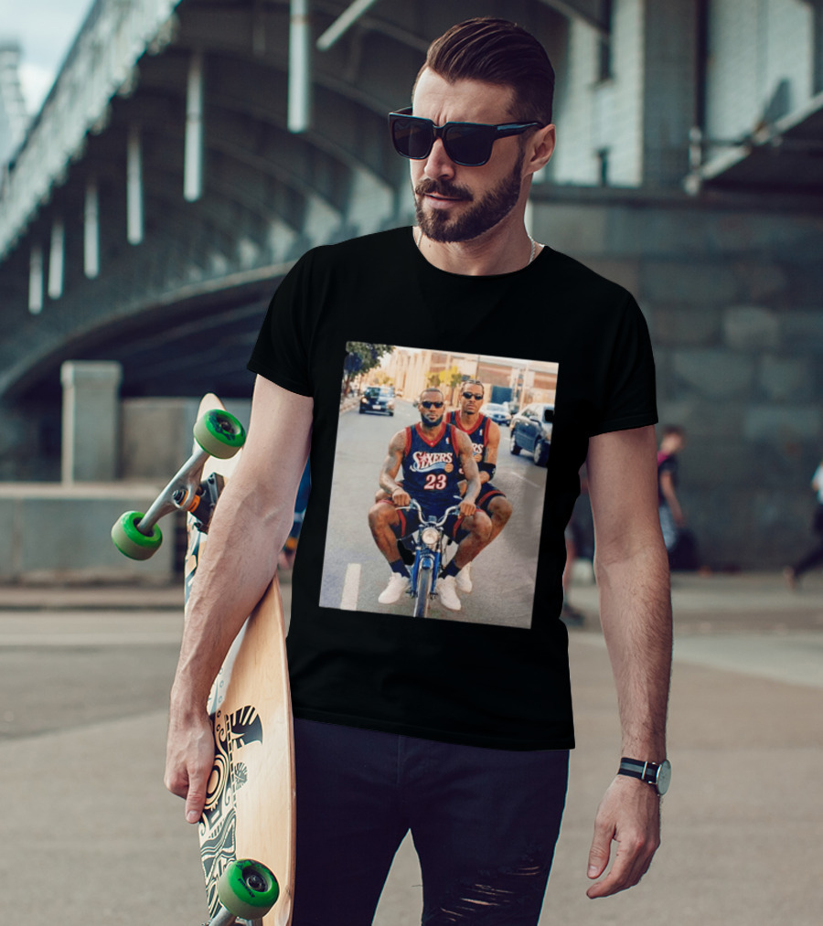 Philadelphia 76ers LeBron James Allen Iverson Duo On Bicycle T-Shirt