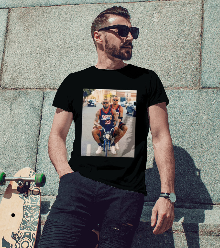 Philadelphia 76ers LeBron James Allen Iverson Duo On Bicycle T-Shirt