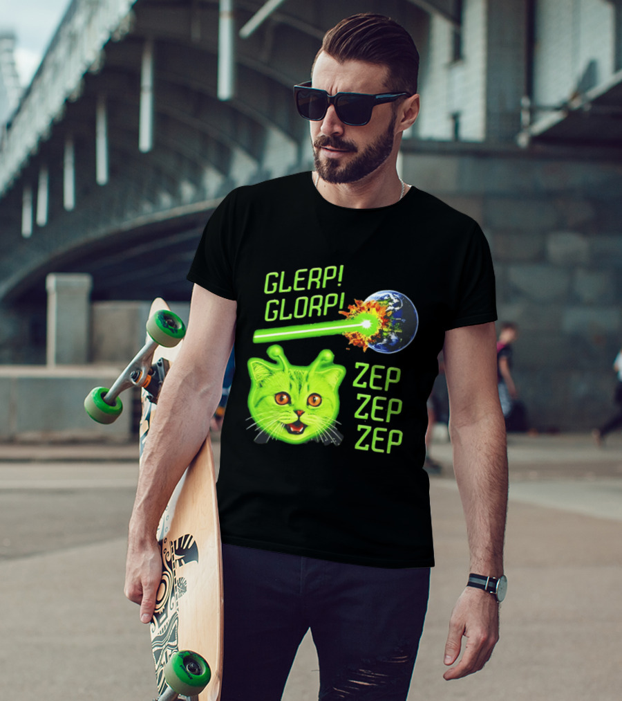 Glerp Glorp Cat Alien Zep Zep Zep Earth Laser Explosion T-Shirt