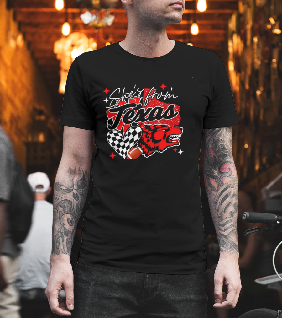 Cheerleading Texas Football Wolf She's From Texas Heart Checkered Ball Stars T-Shirt