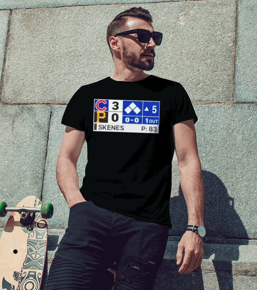 Chicago Cubs 3 Pittsburgh Pirates 0 Scoreboard Skenes Pitching 5th Inning Baseball T-Shirt