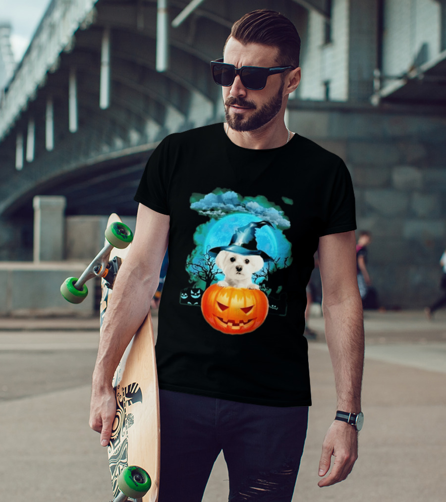 Happy Halloween White Maltese Witch Hat Pumpkin Blue Moon T-Shirt