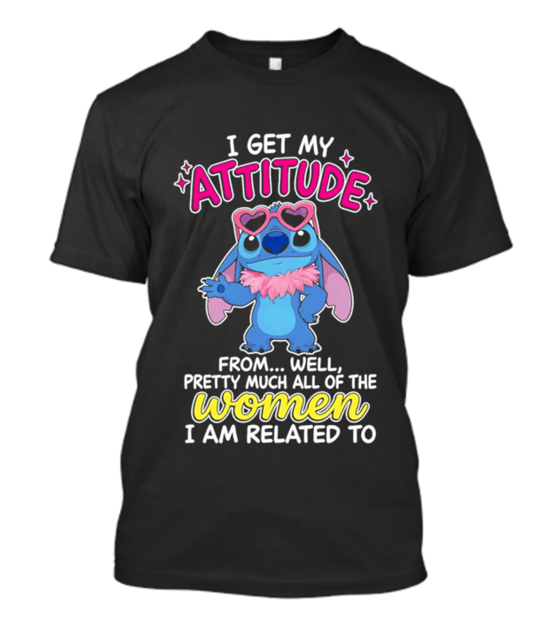 I Get My Attitude From Pretty Much All Of The Women I Am Related To Cute Blue Cartoon Character With Pink Accessories T-Shirt