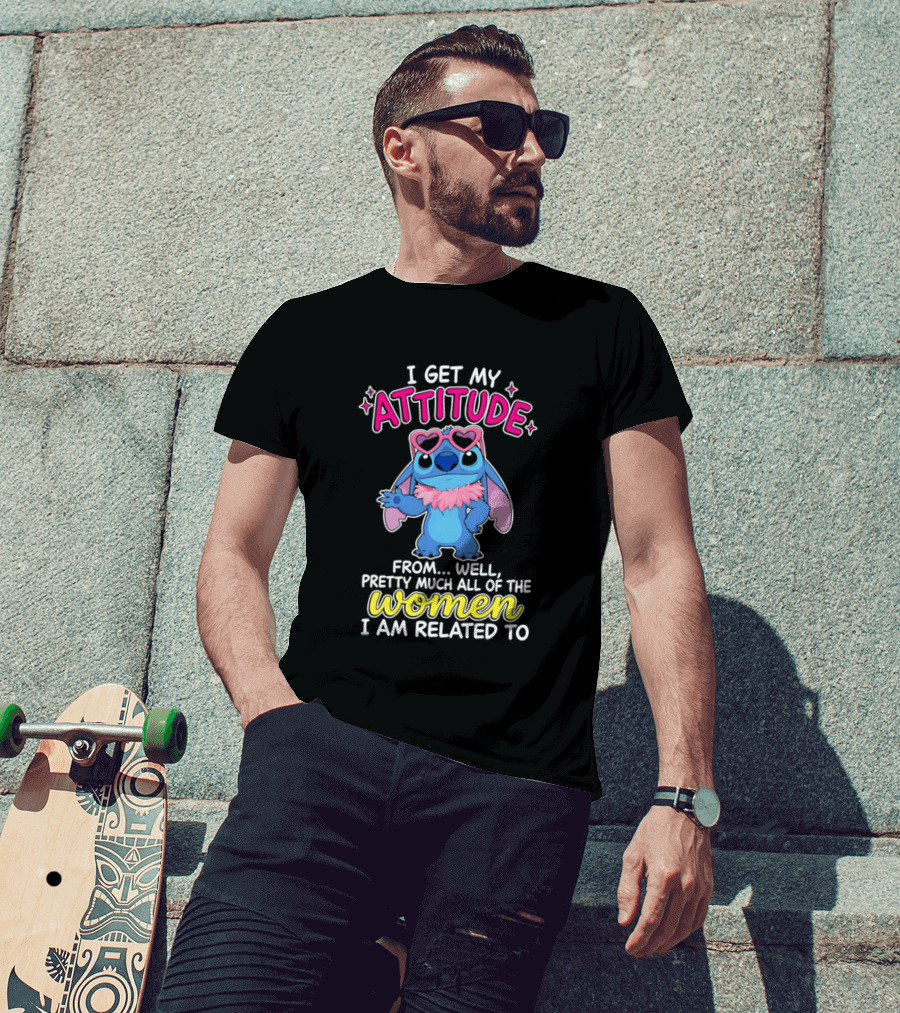 I Get My Attitude From Pretty Much All Of The Women I Am Related To Cute Blue Cartoon Character With Pink Accessories T-Shirt
