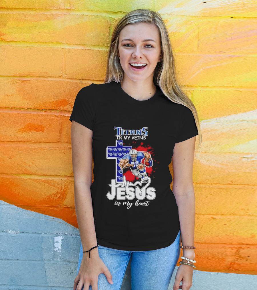 Titans In My Veins Jesus In My Heart Football Player Cross T-Shirt