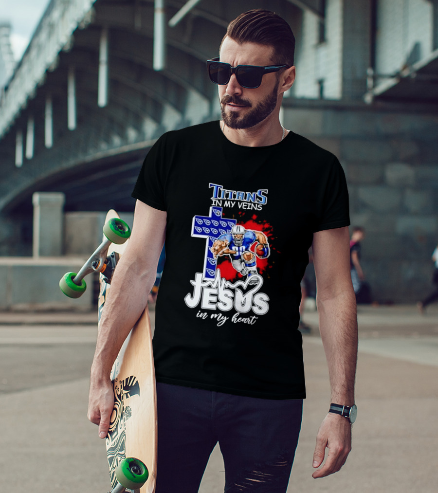 Titans In My Veins Jesus In My Heart Football Player Cross T-Shirt