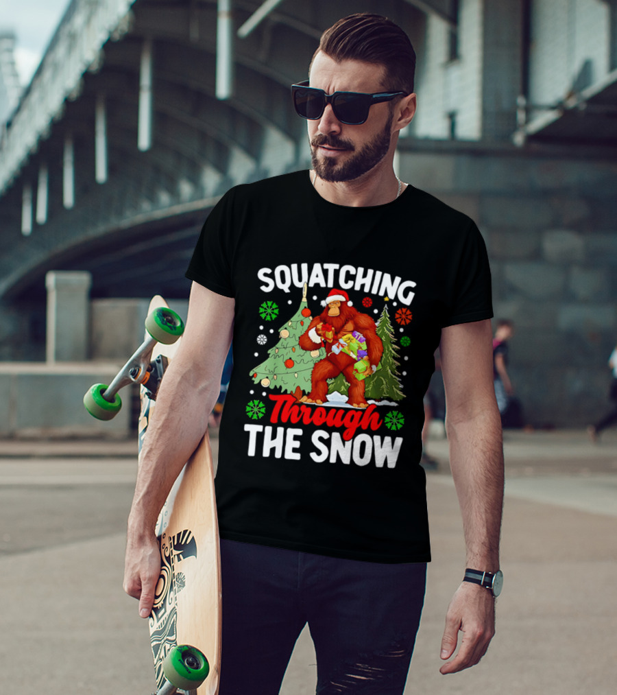 Squatching Through The Snow Bigfoot Christmas Tree Holiday Santa Big Foot T-Shirt