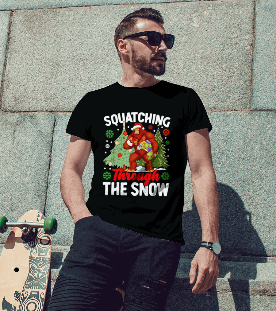 Squatching Through The Snow Bigfoot Christmas Tree Holiday Santa Big Foot T-Shirt