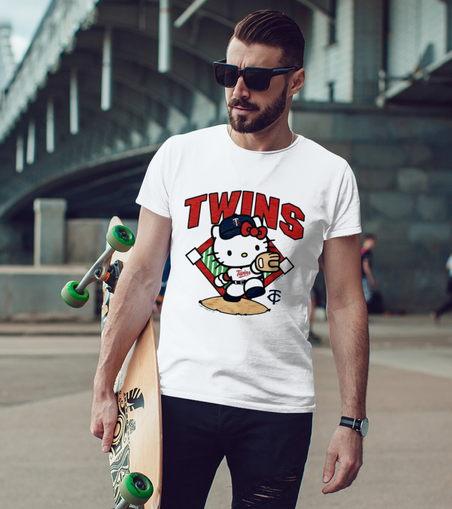 Hello Kitty Twins Baseball Distressed MLB Player Cartoon T-Shirt