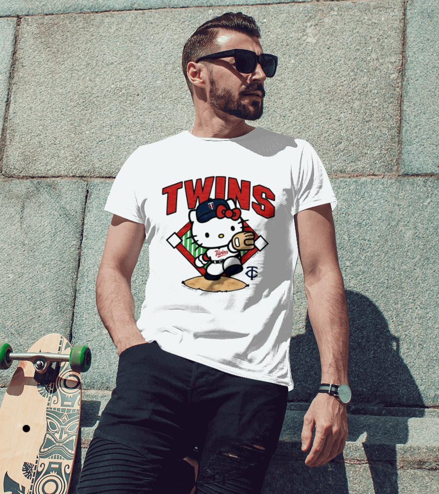 Hello Kitty Twins Baseball Distressed MLB Player Cartoon T-Shirt