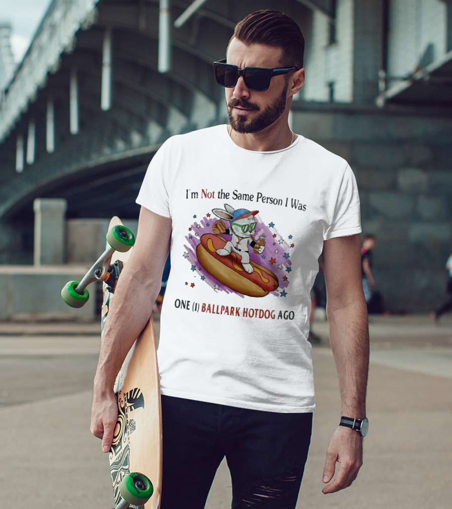 I'm Not The Same Person I Was One Ballpark Hotdog Ago Baseball Bunny With Sunglasses And Stars T-Shirt