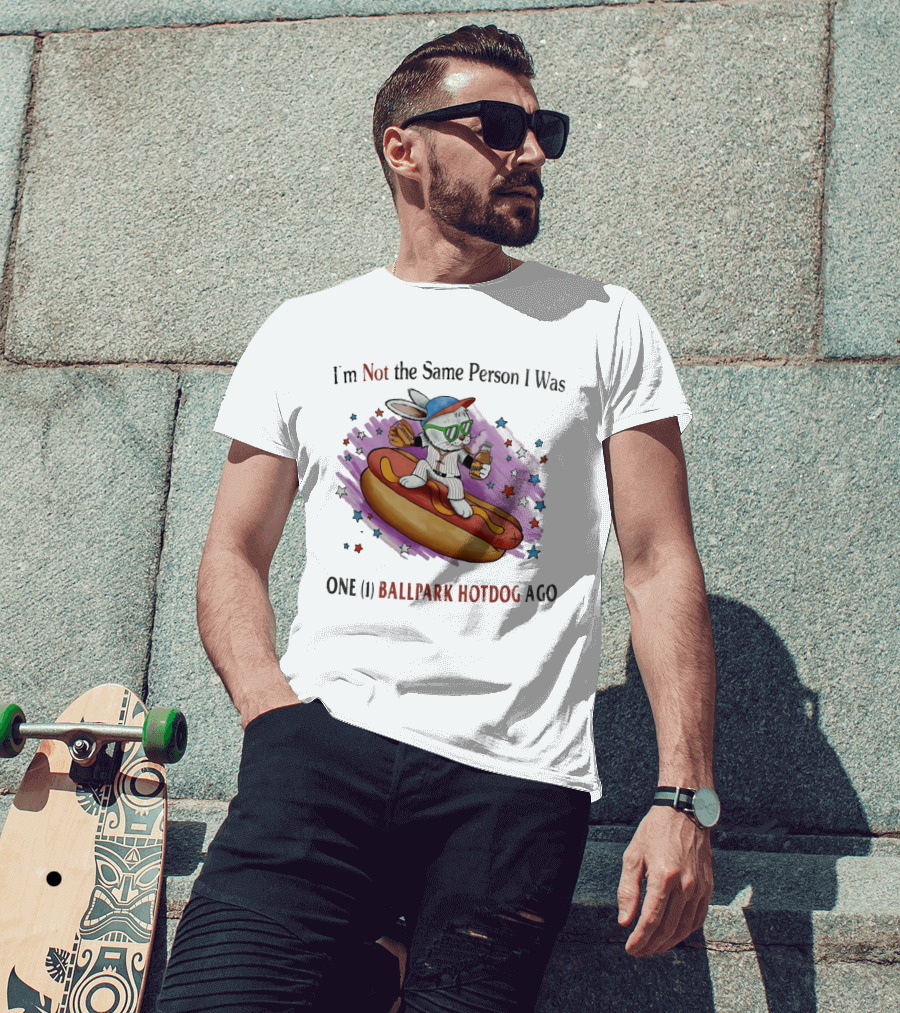 I'm Not The Same Person I Was One Ballpark Hotdog Ago Baseball Bunny With Sunglasses And Stars T-Shirt