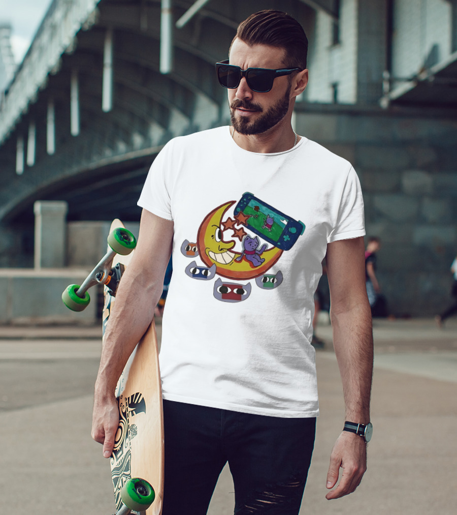 Cartoon Moon And Cat Playing Game With Stars And Colorful Masks T-Shirt