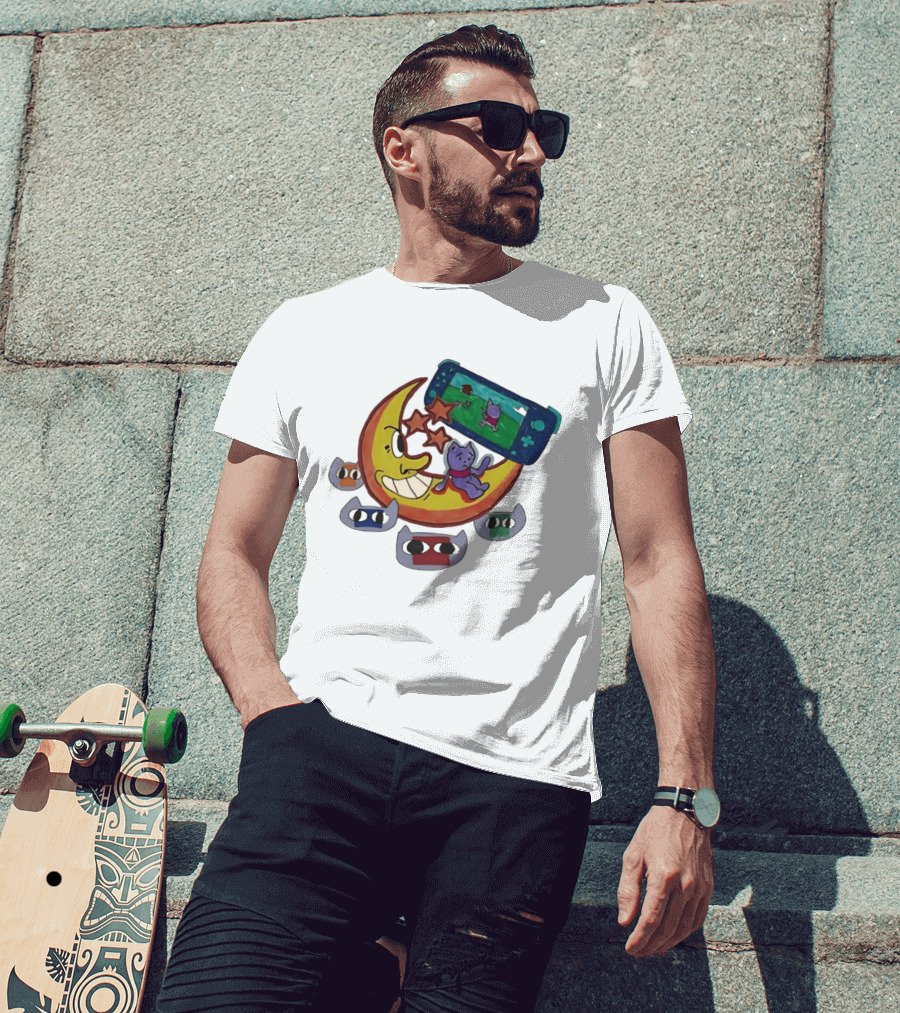 Cartoon Moon And Cat Playing Game With Stars And Colorful Masks T-Shirt