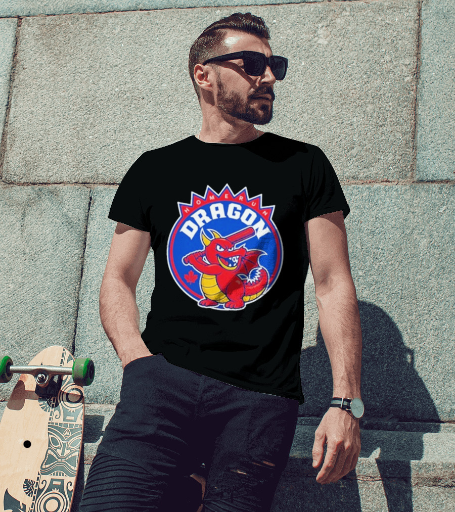 Home Run Dragon Baseball Batting Red Maple Leaf T-Shirt