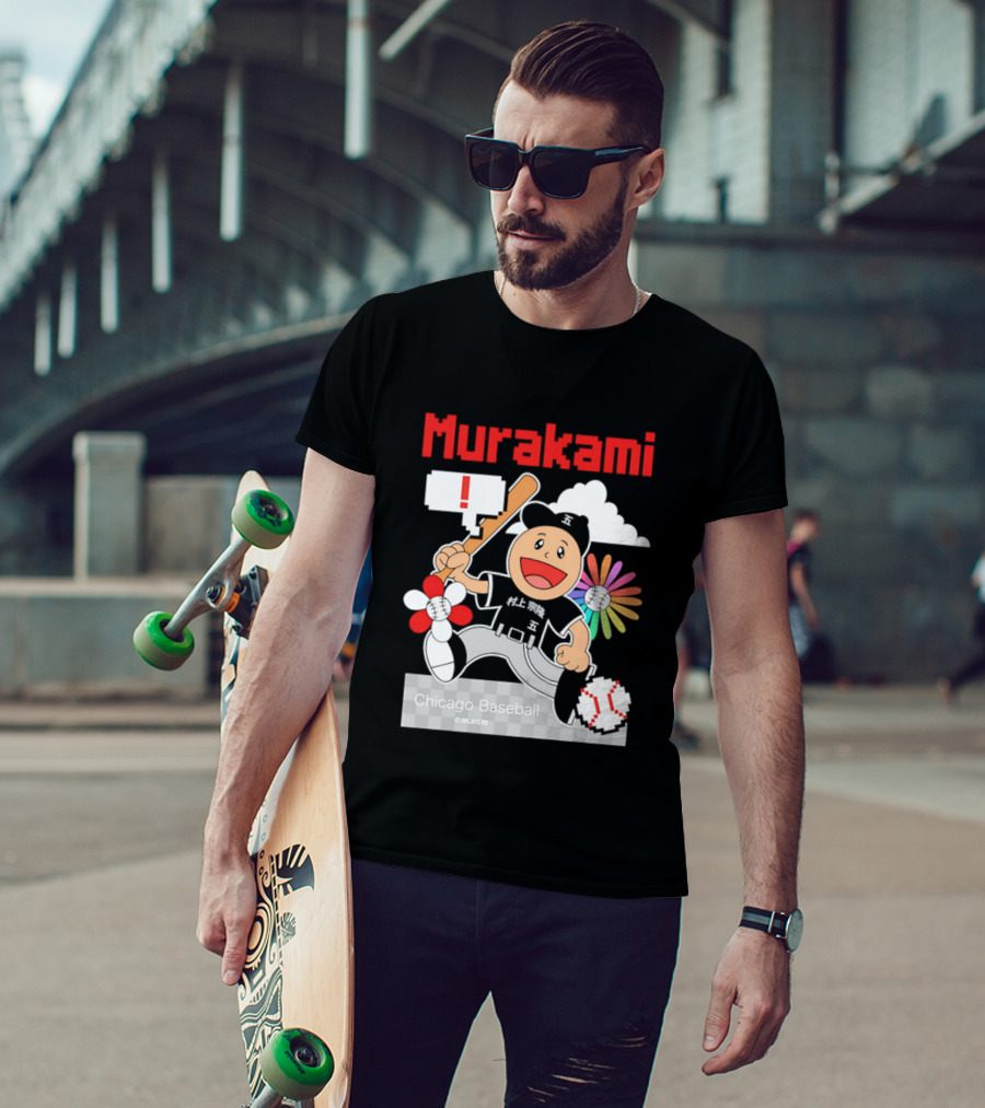 Murakami Chicago Baseball IPlayers Animated Character Flower Motif T-Shirt