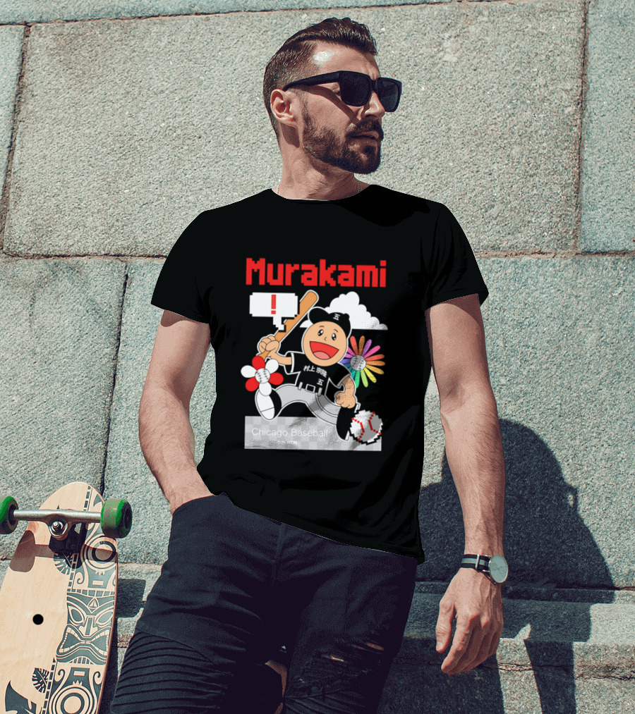 Murakami Chicago Baseball IPlayers Animated Character Flower Motif T-Shirt