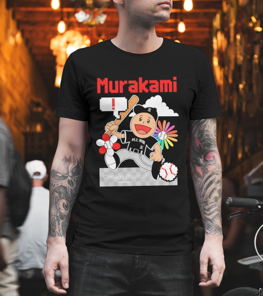Murakami Chicago Baseball IPlayers Animated Character Flower Motif T-Shirt