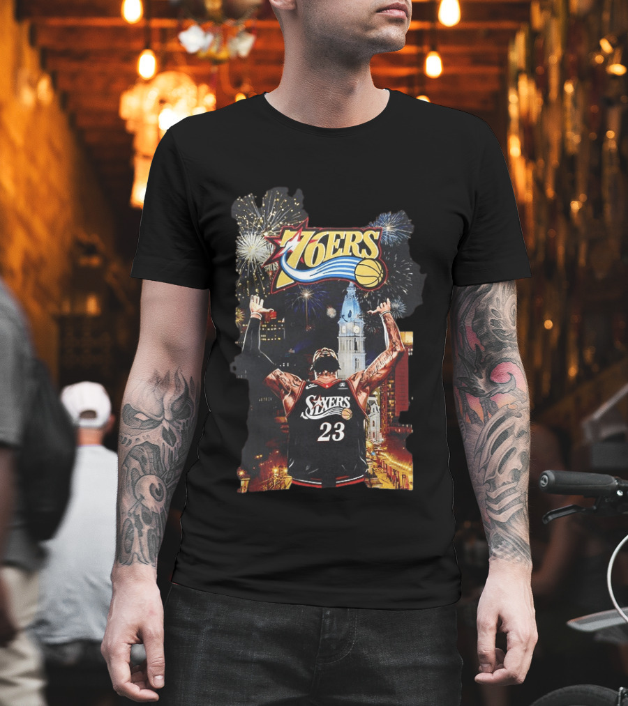 Philadelphia 76ers NBA Basketball 23 Cityscape Fireworks T-Shirt