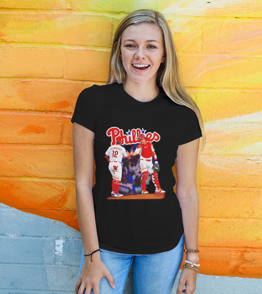 Philadelphia Phillies Kyle Schwarber J Realmuto 12 Catcher Handshake T-Shirt