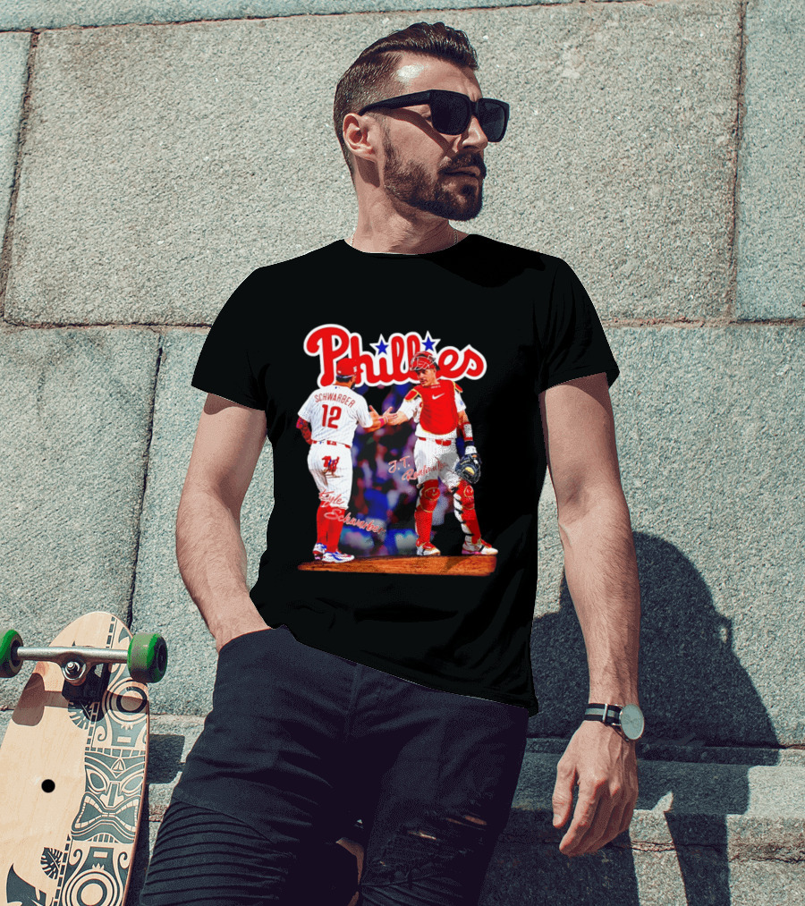 Philadelphia Phillies Kyle Schwarber J Realmuto 12 Catcher Handshake T-Shirt