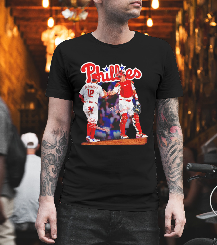 Philadelphia Phillies Kyle Schwarber J Realmuto 12 Catcher Handshake T-Shirt