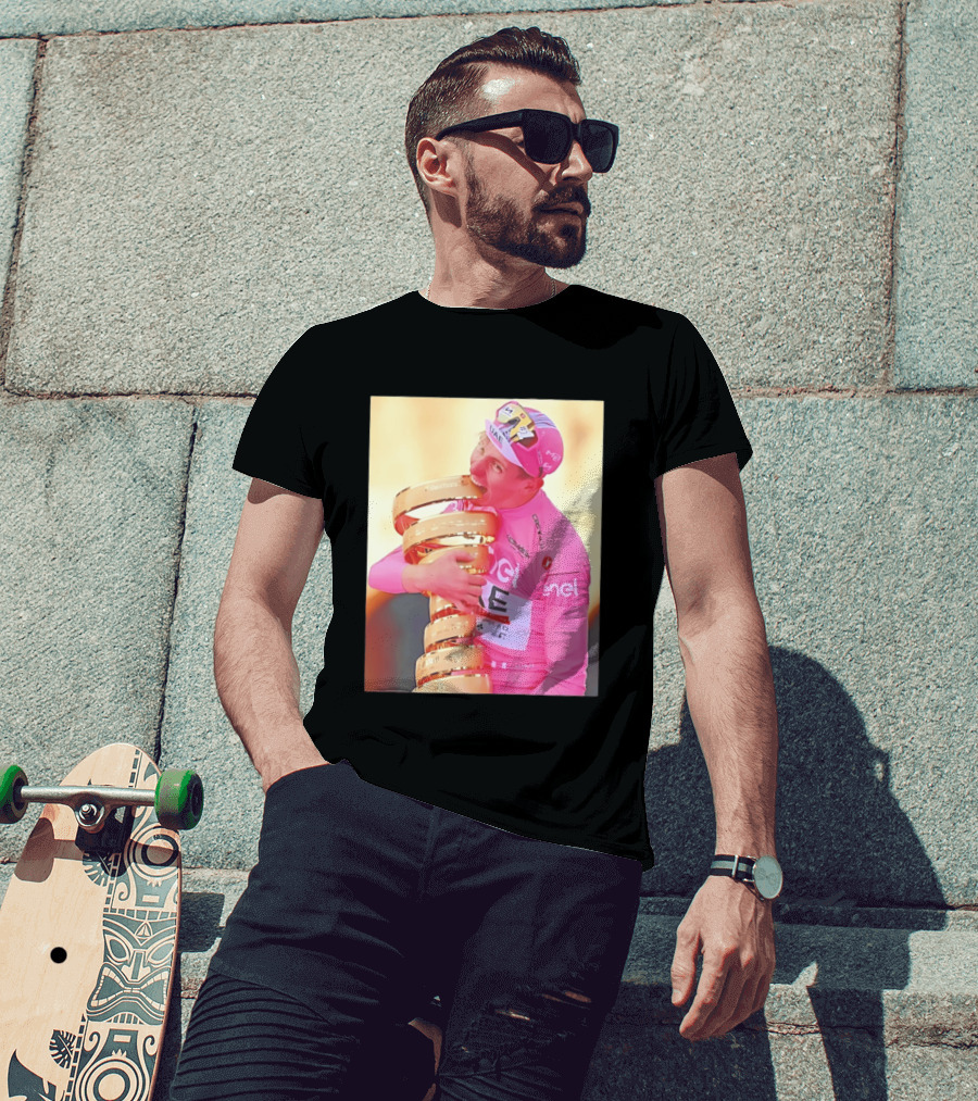 Tadej Pogačar Trophy Celebration UAE Pink Jersey T-Shirt