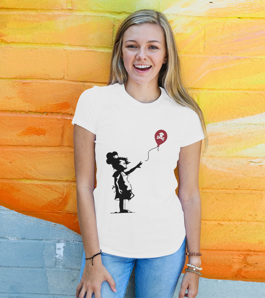 Baker Reaching For Cupcake And Crossbones Balloon Black Silhouette On Red T-Shirt