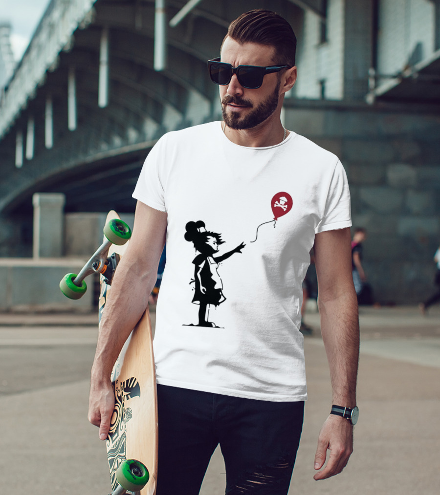 Baker Reaching For Cupcake And Crossbones Balloon Black Silhouette On Red T-Shirt