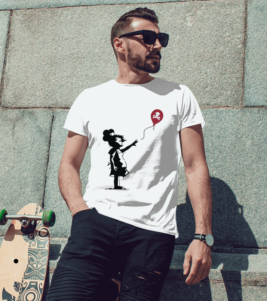 Baker Reaching For Cupcake And Crossbones Balloon Black Silhouette On Red T-Shirt