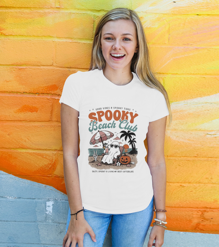 Good Vibes & Spooky Tides Spooky Beach Club Salty Spooky & Living My Best Afterlife T-Shirt