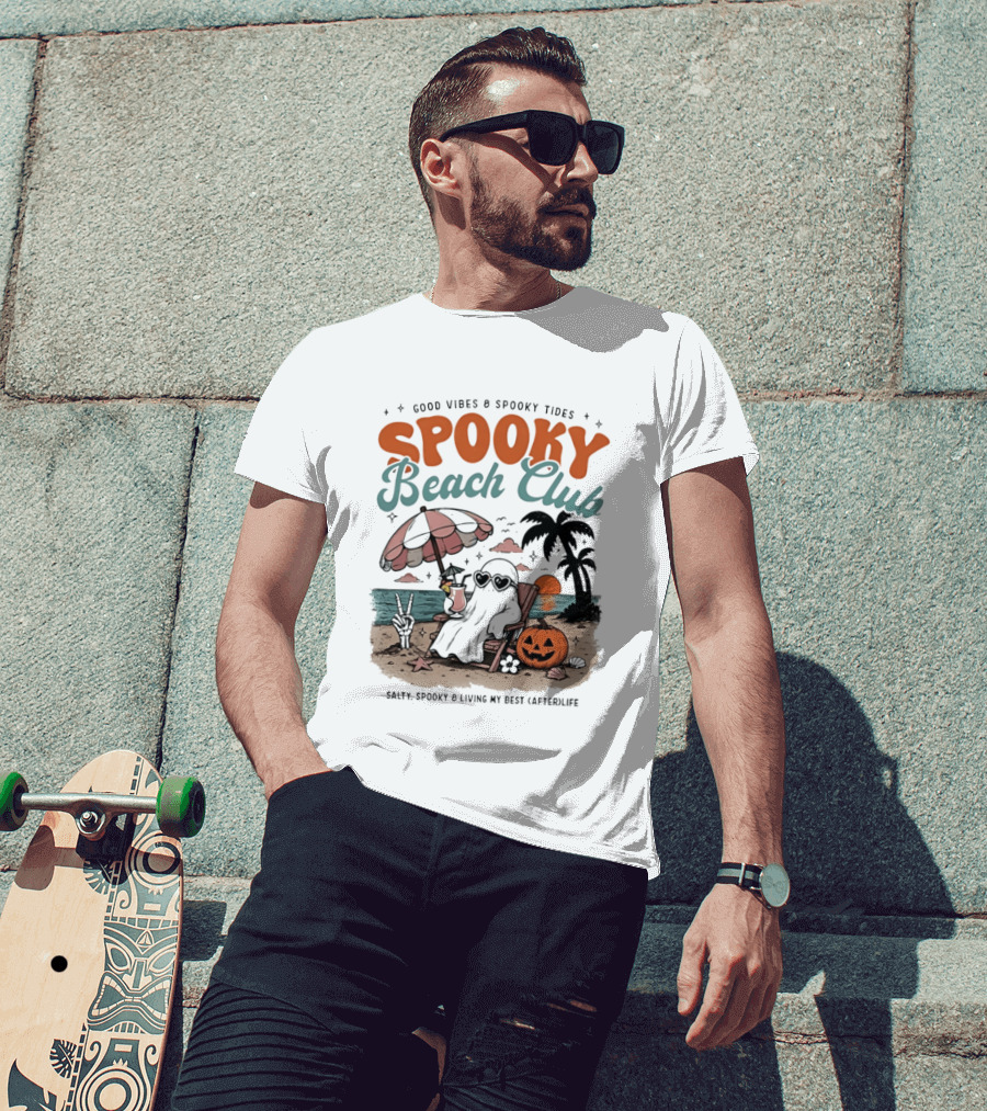 Good Vibes & Spooky Tides Spooky Beach Club Salty Spooky & Living My Best Afterlife T-Shirt