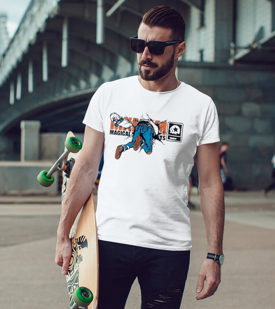 Magical Skateboarder Crashing Through Wall Skull Jeans Brick Wall T-Shirt