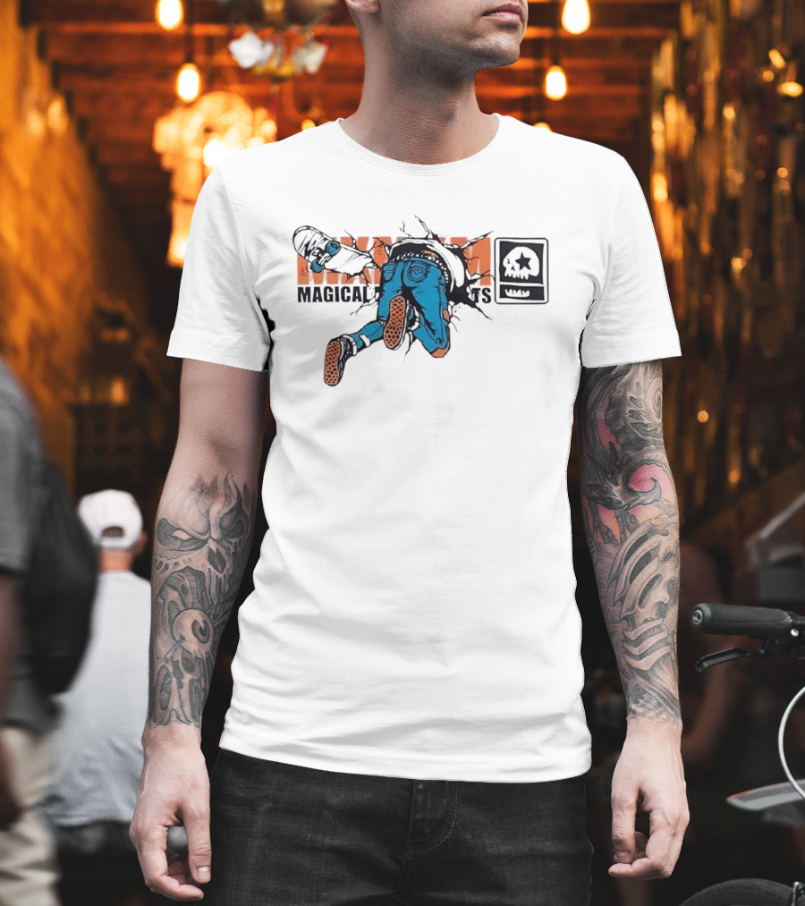 Magical Skateboarder Crashing Through Wall Skull Jeans Brick Wall T-Shirt