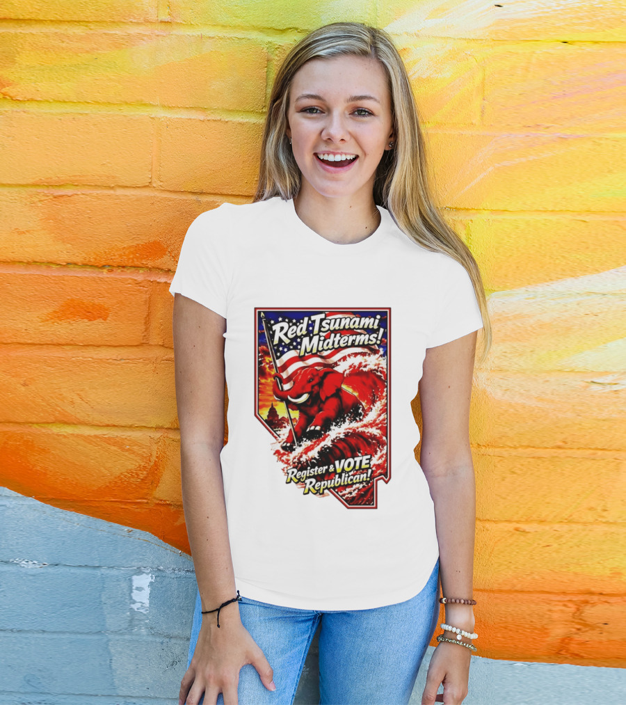 Red Tsunami Midterms Register And Vote Republican Political Elephant With American Flag T-Shirt