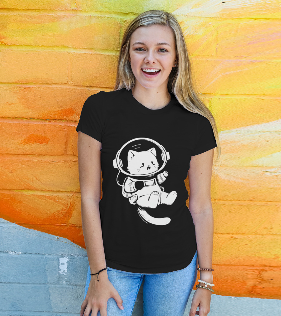 Astronaut Cat Floating In Space Suit Cosmic Adventure T-Shirt