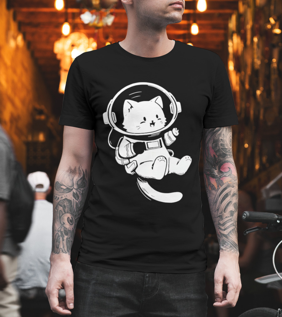 Astronaut Cat Floating In Space Suit Cosmic Adventure T-Shirt