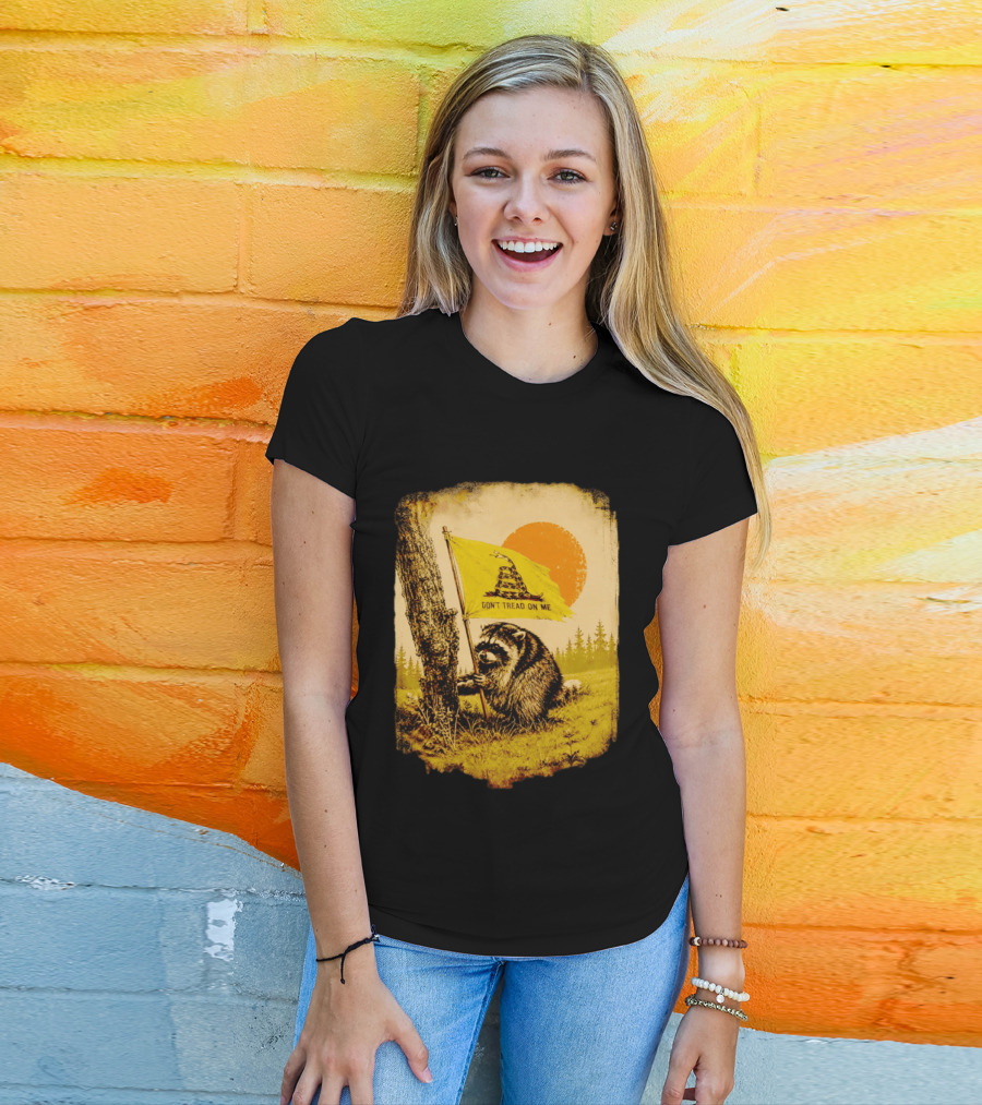 Don't Tread On Me Raccoon Holding Gadsden Flag Rustic Sun T-Shirt
