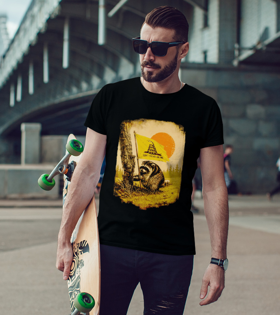 Don't Tread On Me Raccoon Holding Gadsden Flag Rustic Sun T-Shirt
