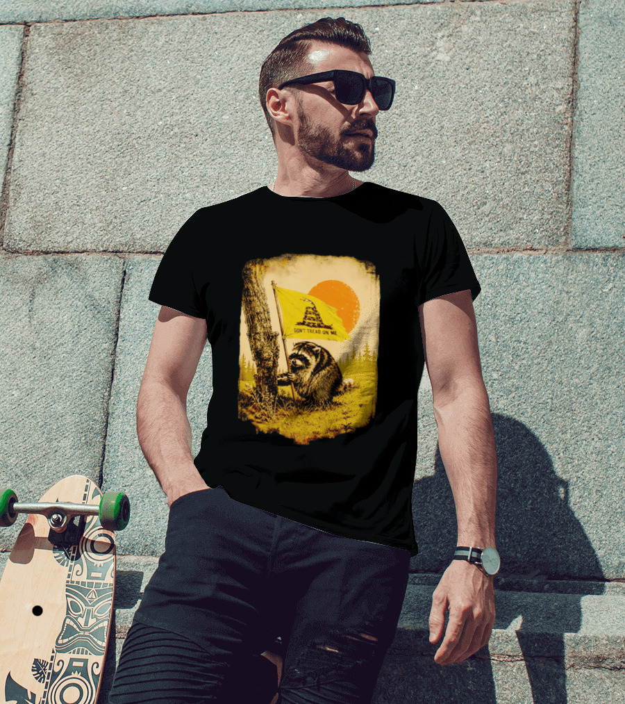 Don't Tread On Me Raccoon Holding Gadsden Flag Rustic Sun T-Shirt