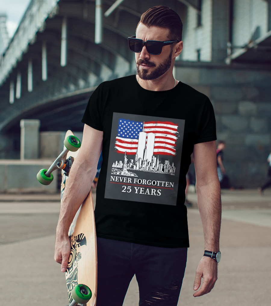September 11 Twin Towers Memorial New York Never Forgotten 25 Years Anniversary USA Flag Statue Of Liberty T-Shirt