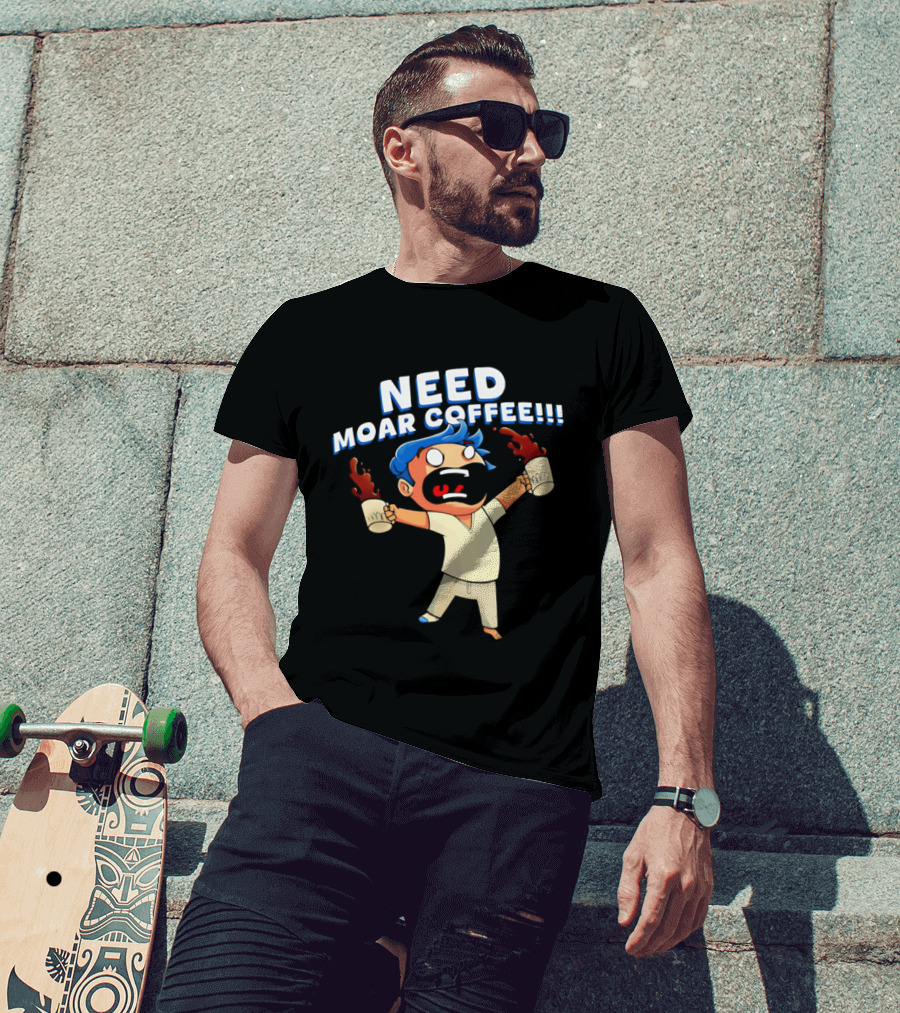 NEED MOAR COFFEE Cartoon Character With Spilled Cups T-Shirt