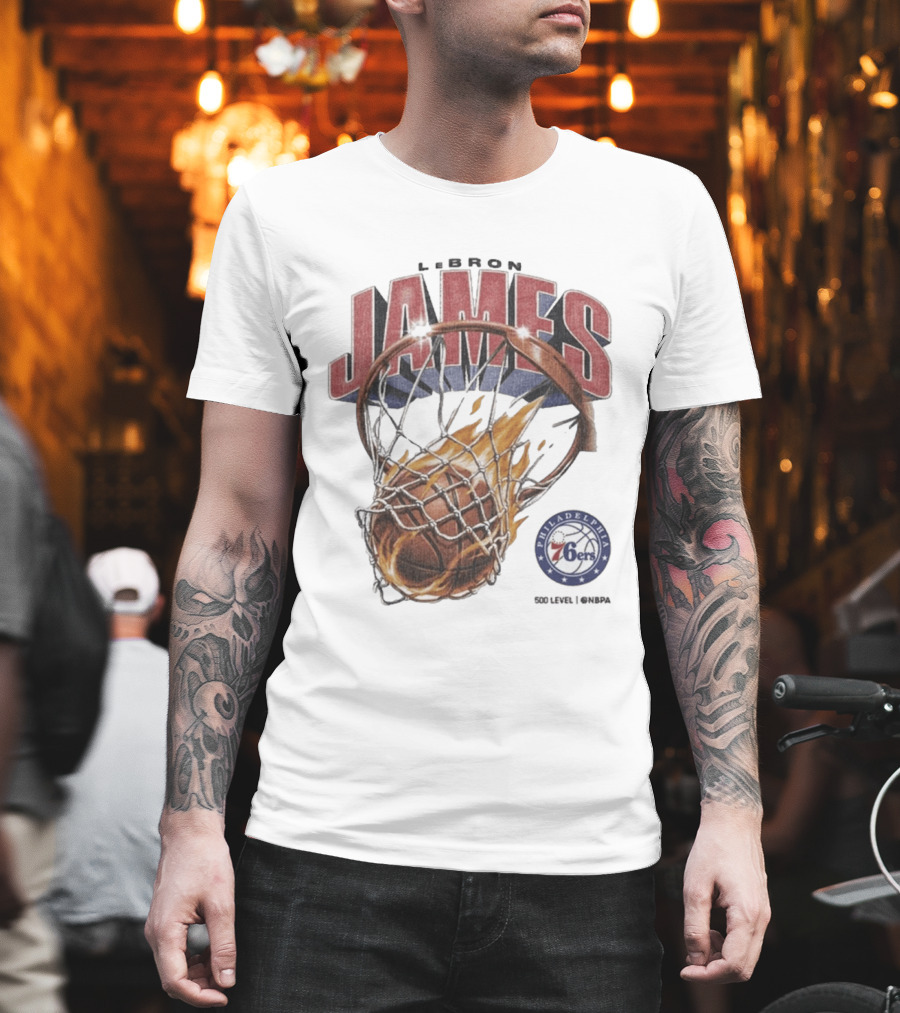 LeBron James Philadelphia 76ers Basketball Hoop Fire NBA 90s T-Shirt