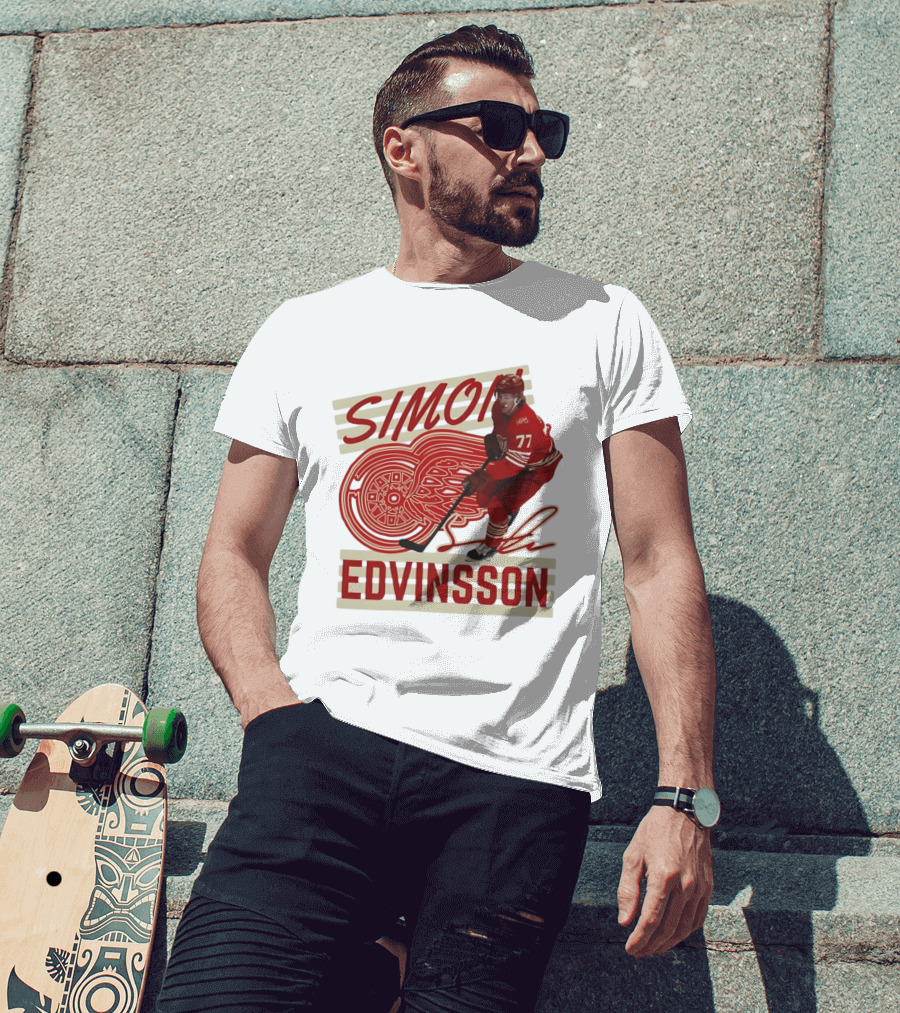 Simon Edvinsson 77 Detroit Red Wings Signature Hockey T-Shirt